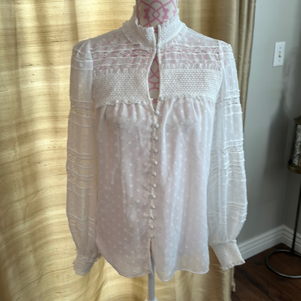 White House Black market white lace top with smocking size small